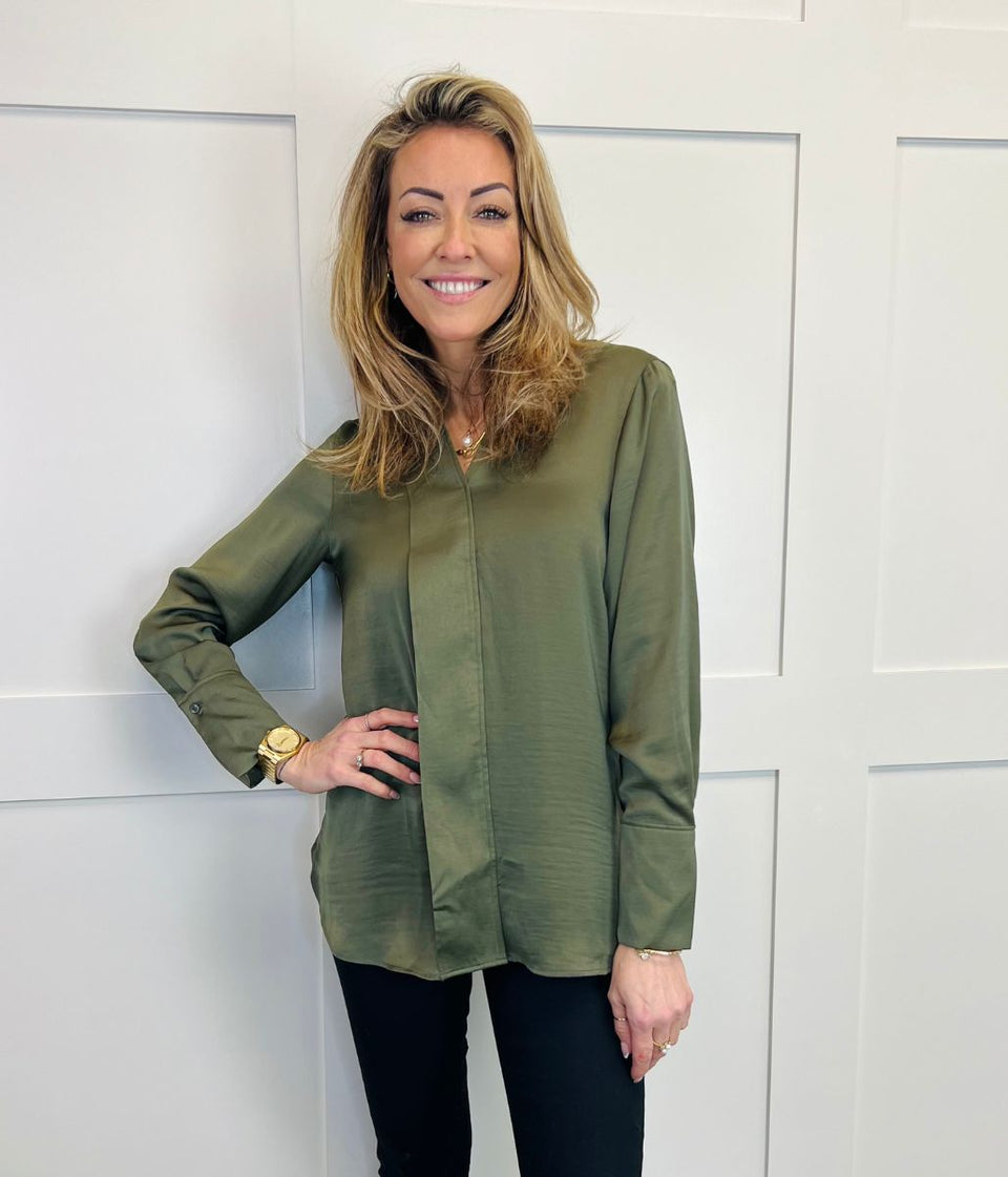 Khaki Satin Look Popover Blouse