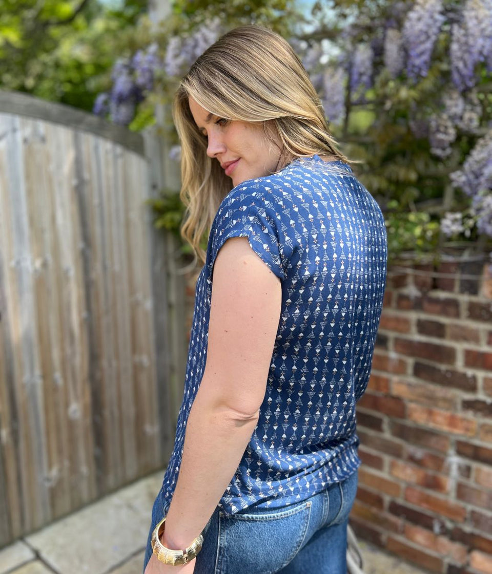 Nomads Blue Printed Notch Neck Top