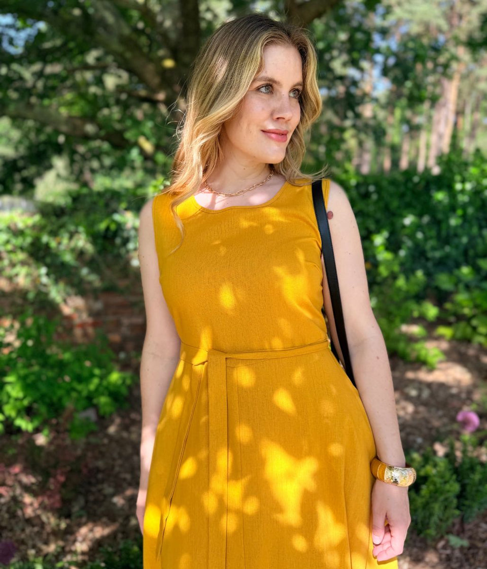 Mustard Sleeveless Belted Linen Blend Midi Dress
