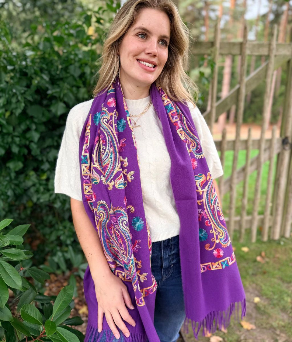 Purple Embroidered Cashmere Blend Scarf