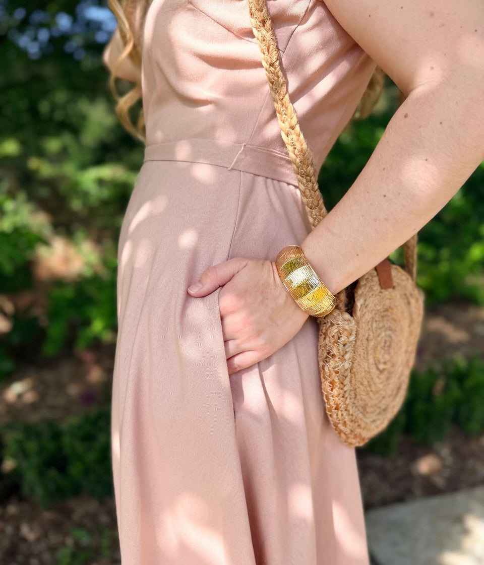 Pale Pink Sleeveless Belted Linen Blend Midi Dress