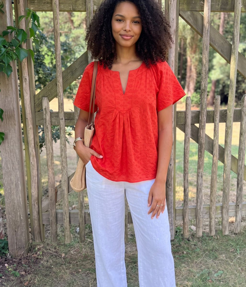 Red Textured Smock Blouse