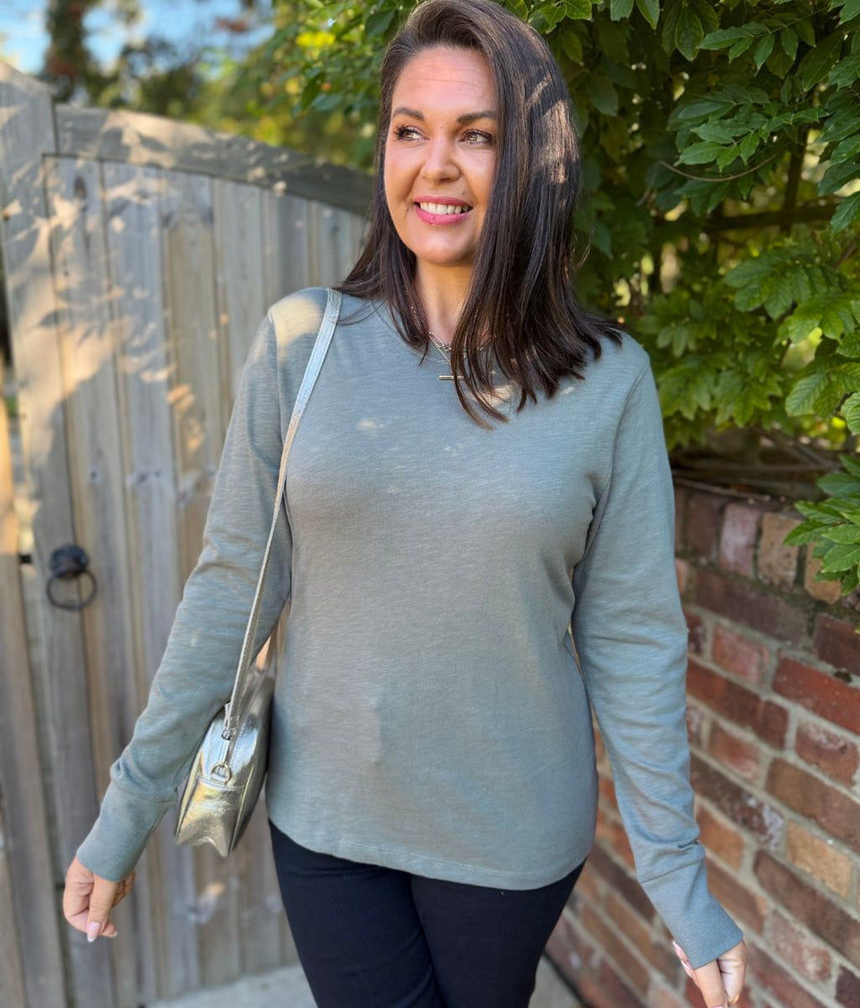 Khaki Long Sleeve Organic Cotton Slub T Shirt