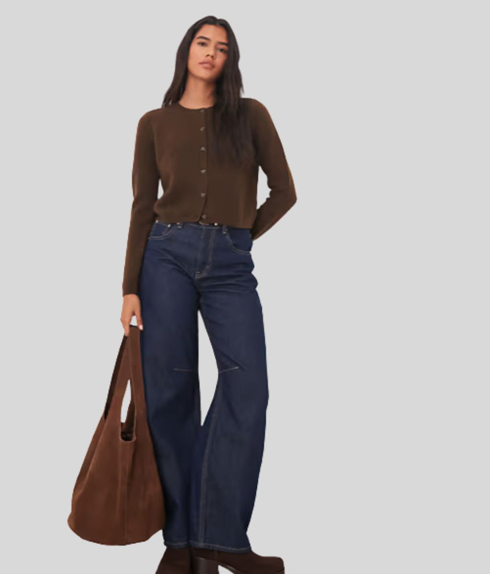 Brown Crew Neck Wool Blend Cardigan