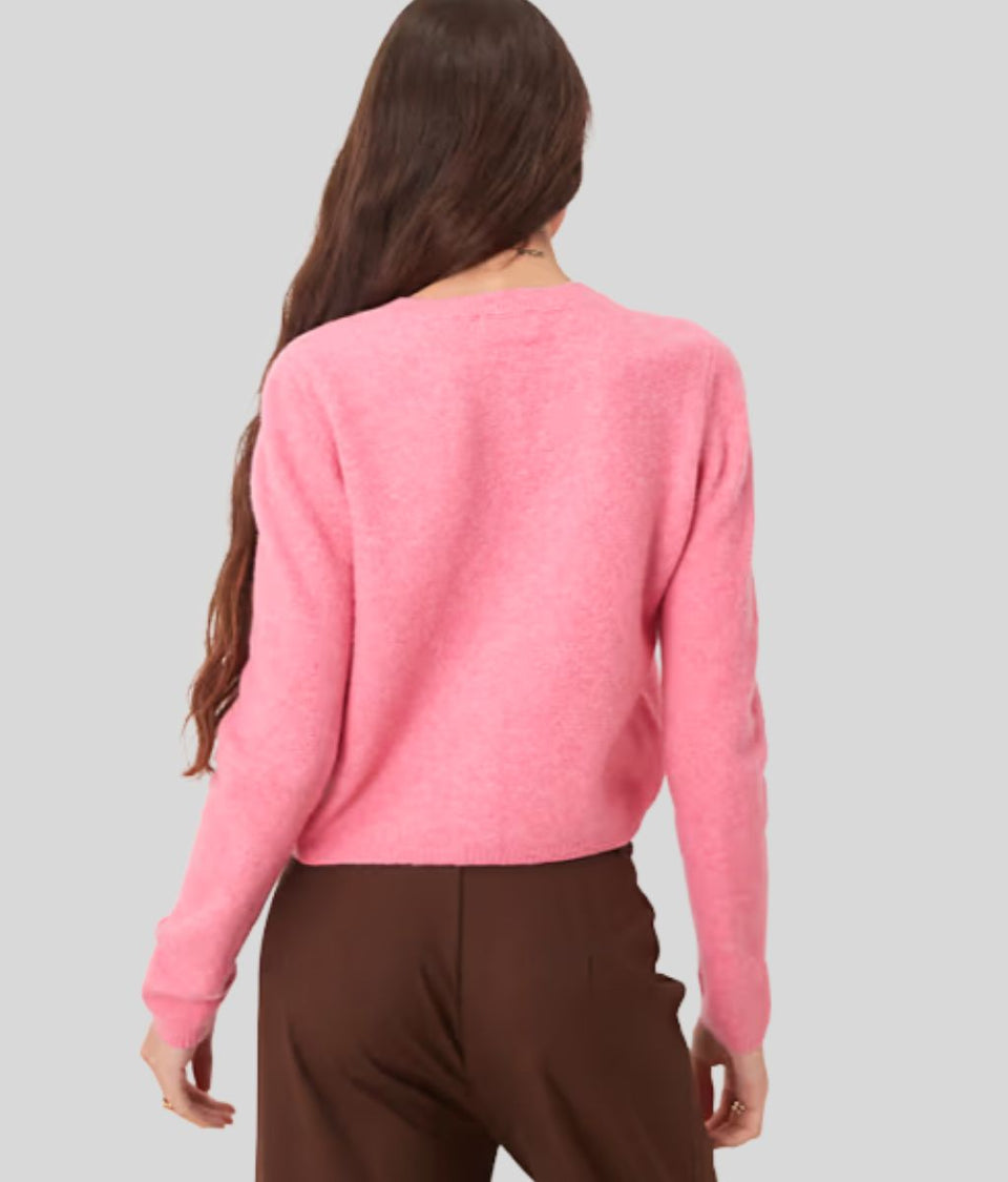 Bright Pink Crew Neck Wool Blend Cardigan