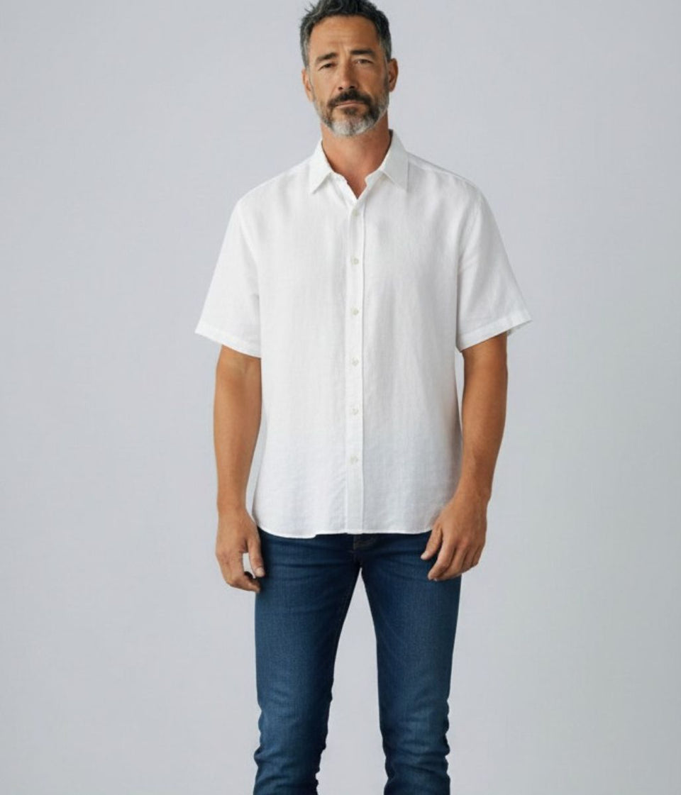 Mens White Short Sleeve Linen Shirt