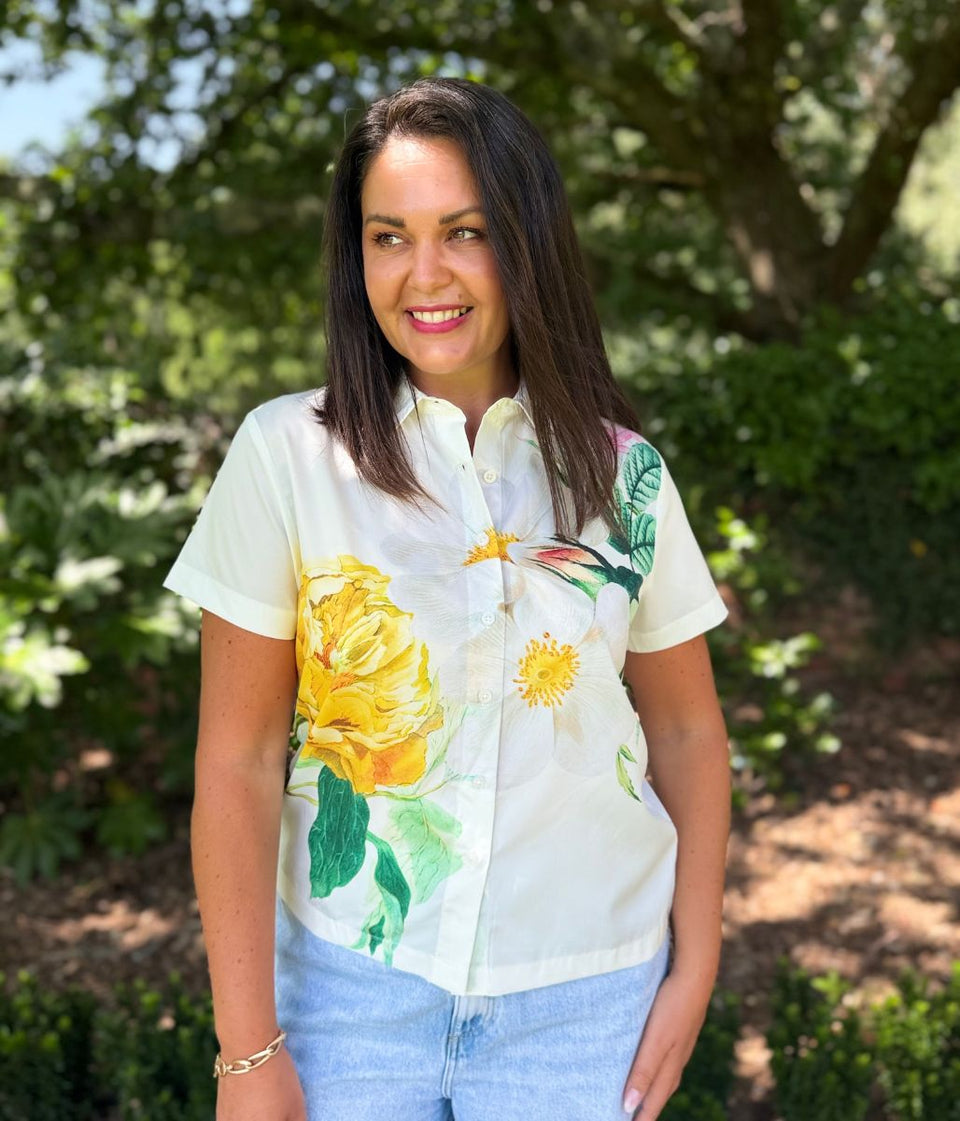 Yellow Floral Short Sleeve Silky Shirt