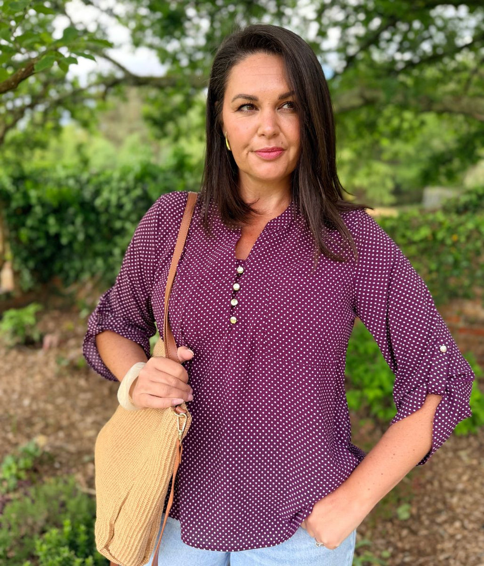 Plum Polka Dot Popover Blouse