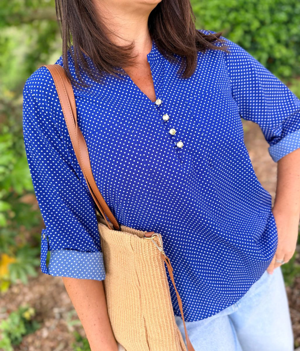Blue Polka Dot Popover Blouse