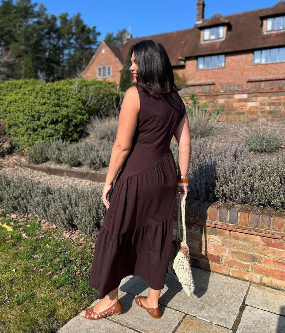 Brown Premium Asymmetric Sleeveless Jersey Dress