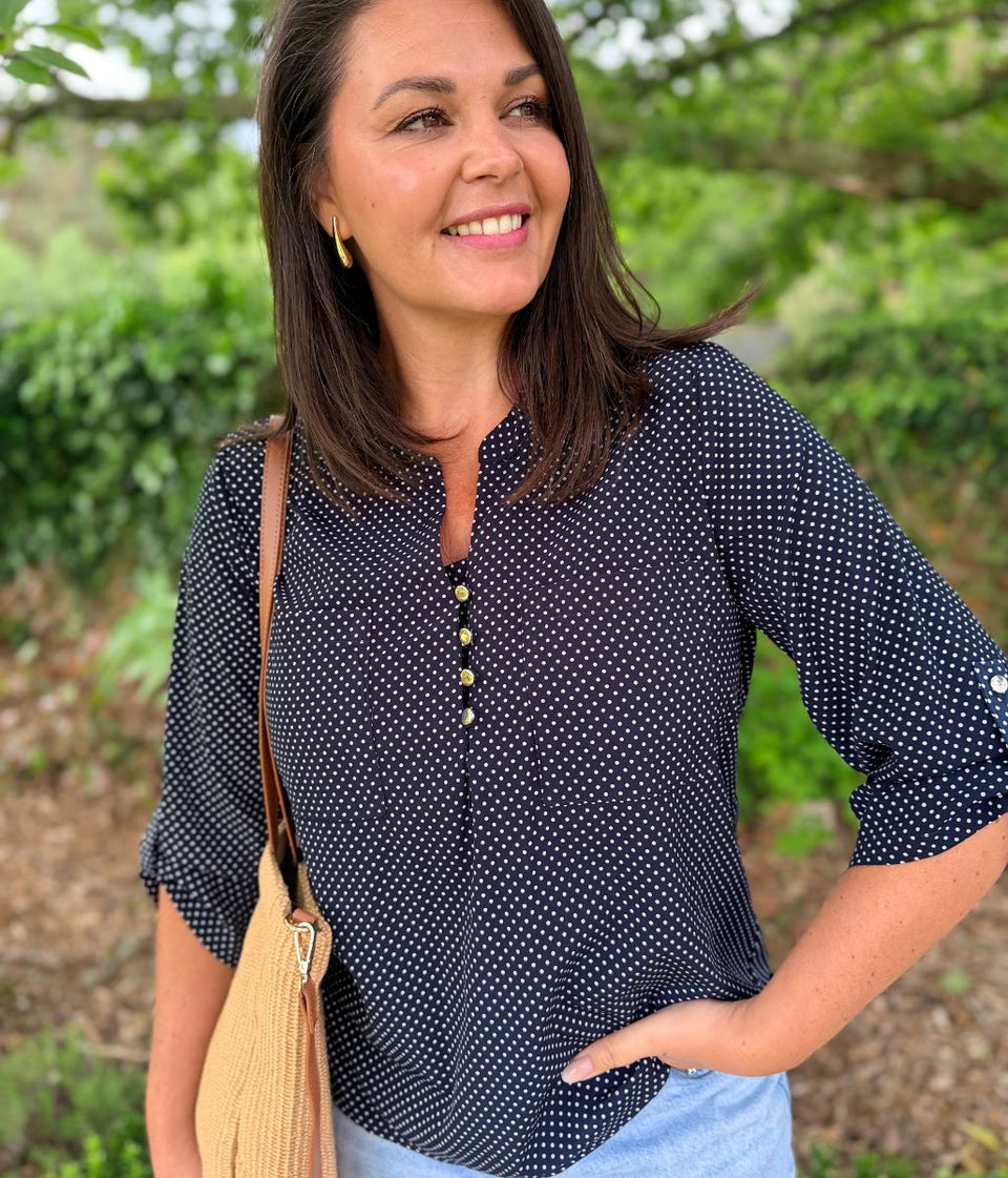 Navy Polka Dot Popover Blouse