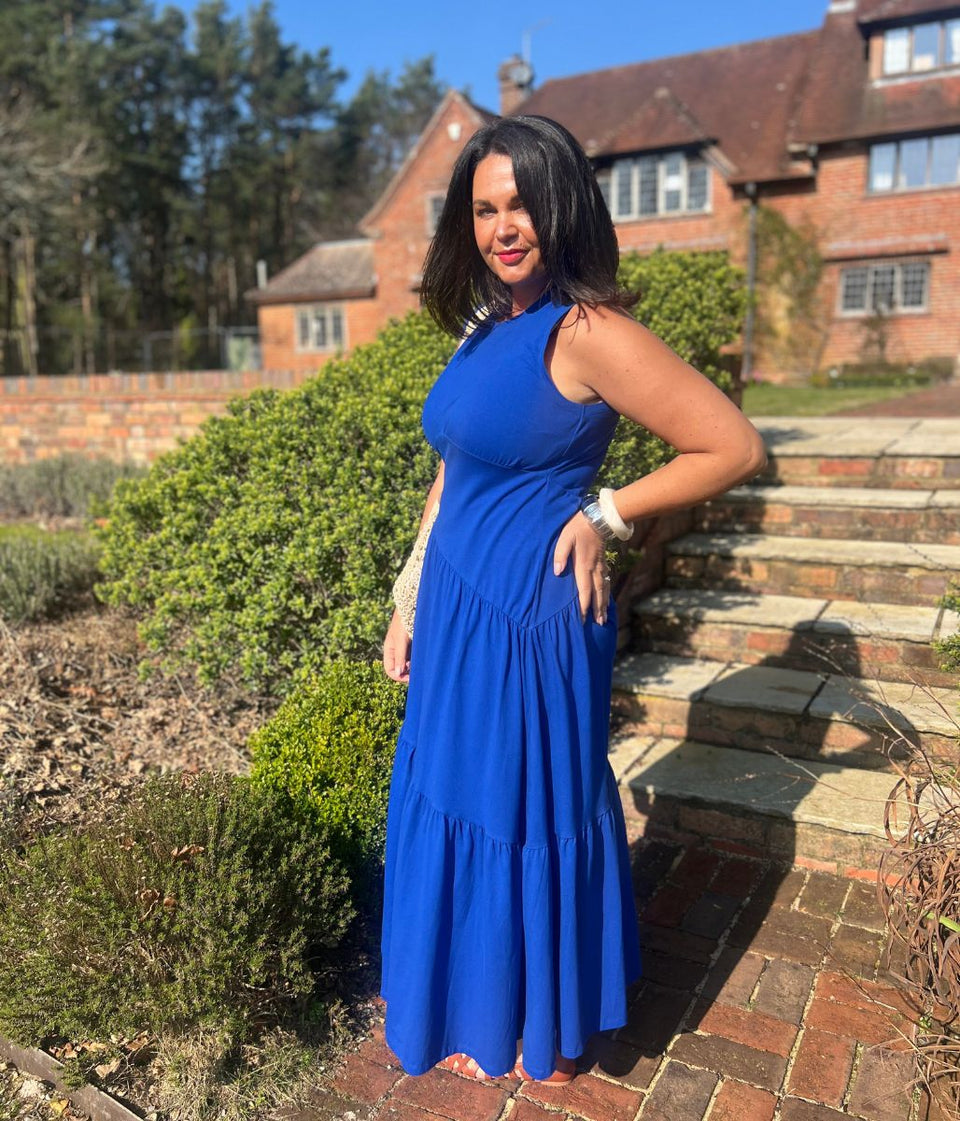 Blue Premium Asymmetric Sleeveless Jersey Dress