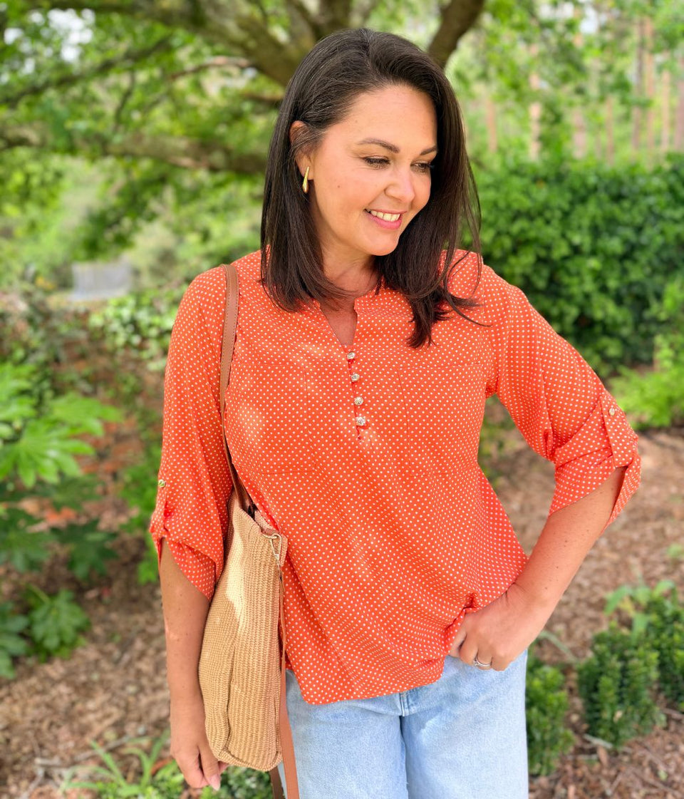 Orange Polka Dot Popover Blouse