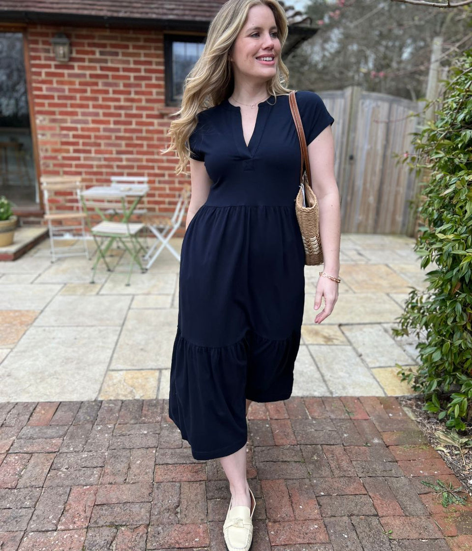 Navy Tiered Premium Notch Neck Jersey Dress