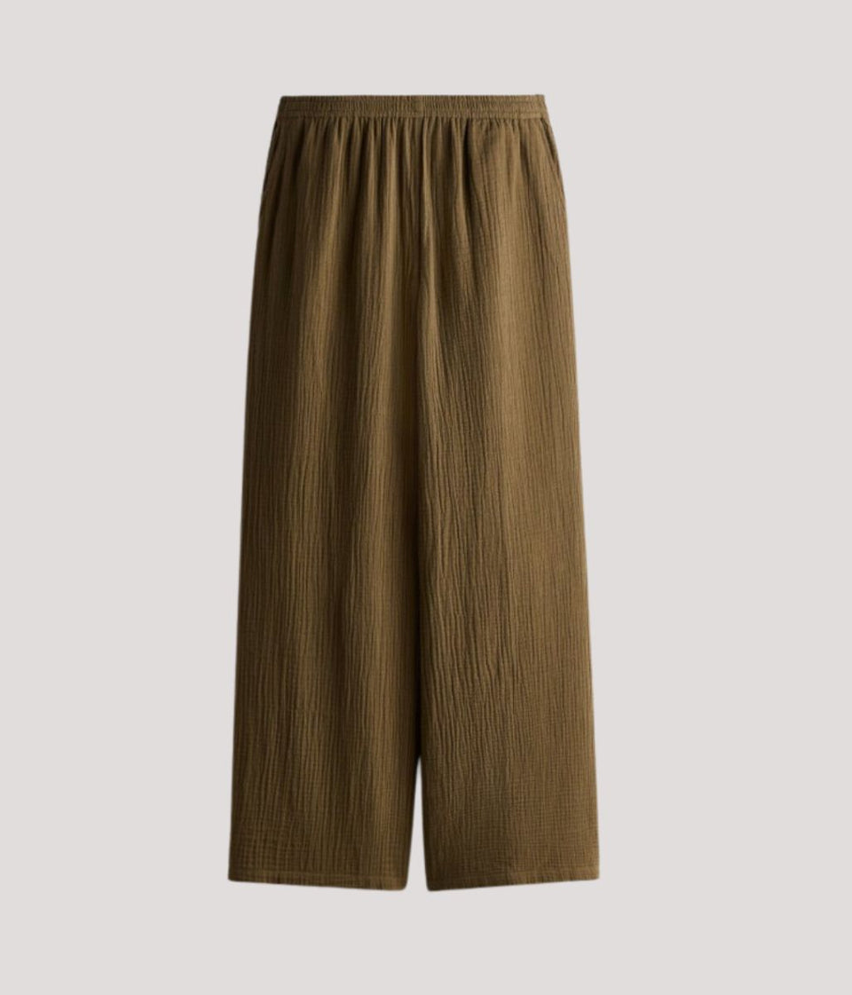 Khaki Seersucker Wide Leg Trousers