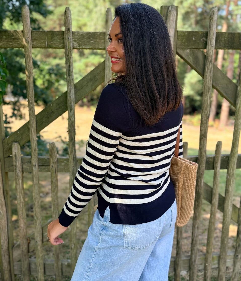 Premium Navy & Ivory Breton Stripe Fine Knit Jumper