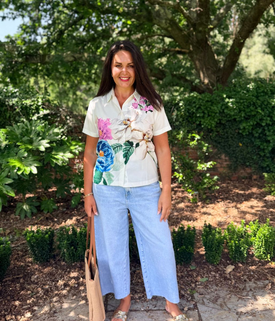 Blue Floral Short Sleeve Silky Shirt