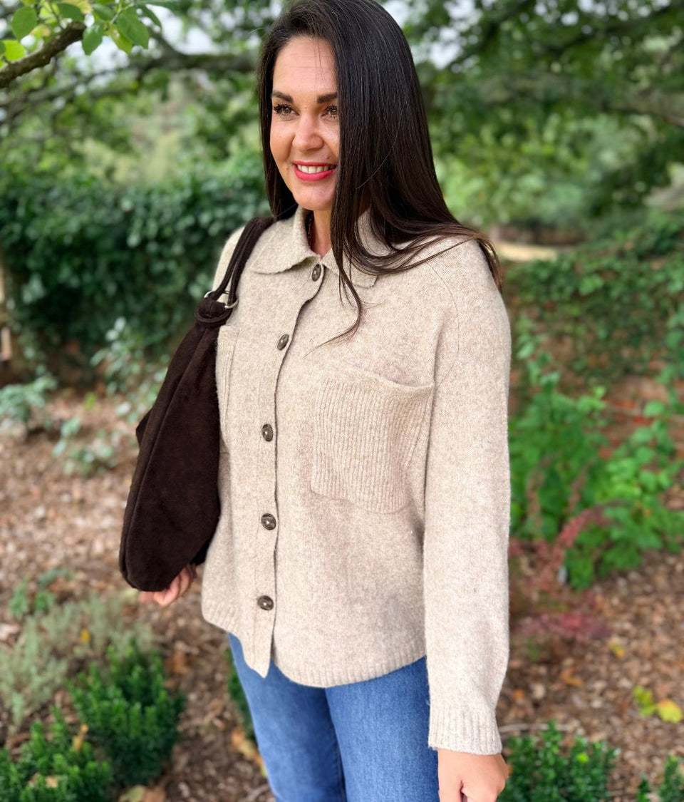 Natural Patch Pocket Collared Cardigan