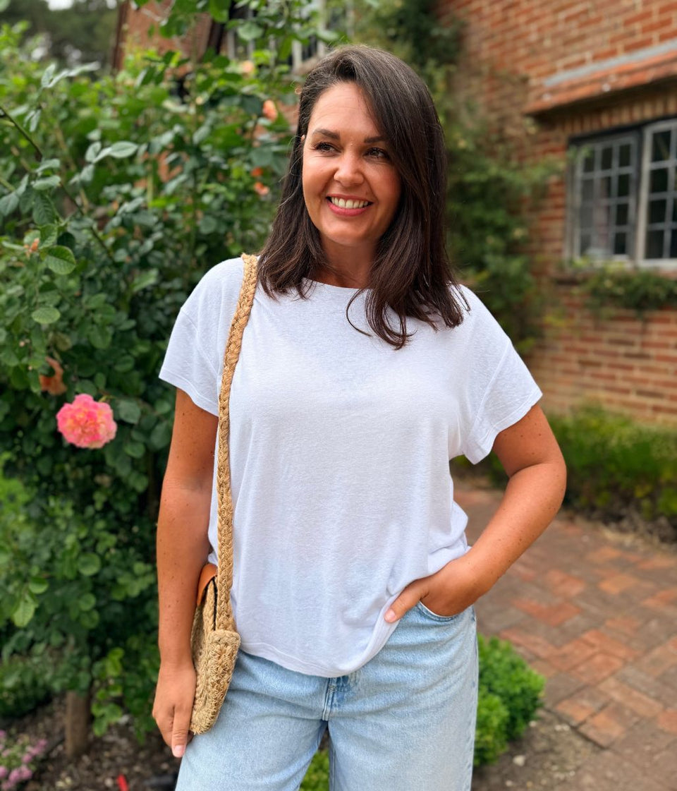 White Crew Neck Linen Blend Tee