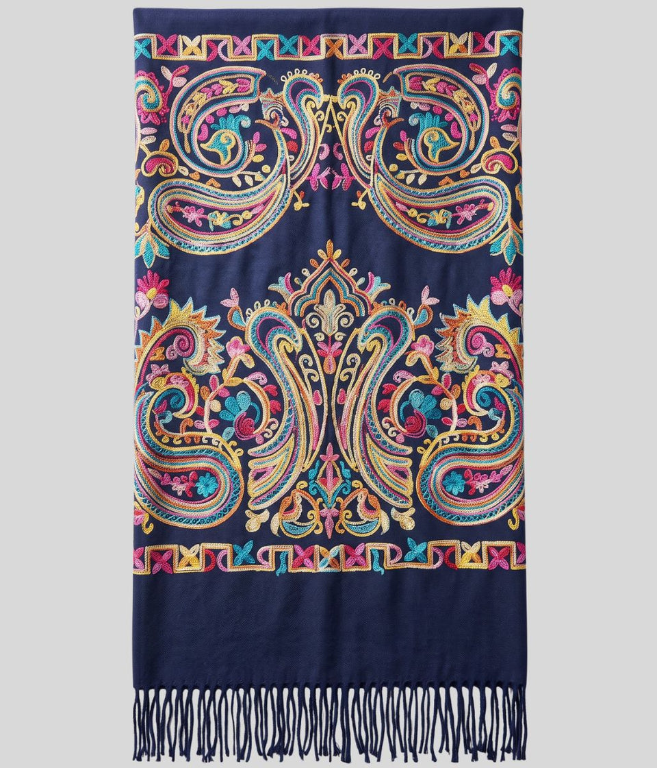 Navy Embroidered Cashmere Blend Scarf