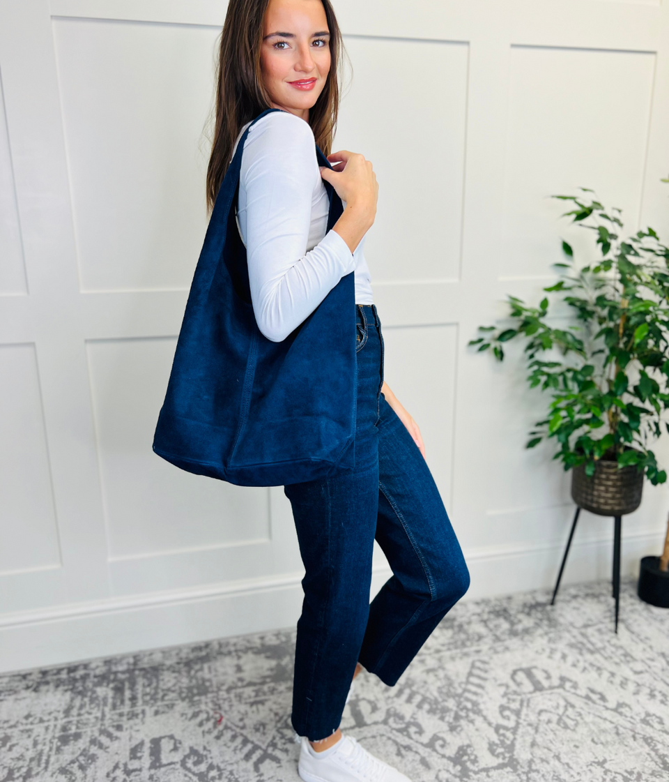 Navy suede tote bag shop