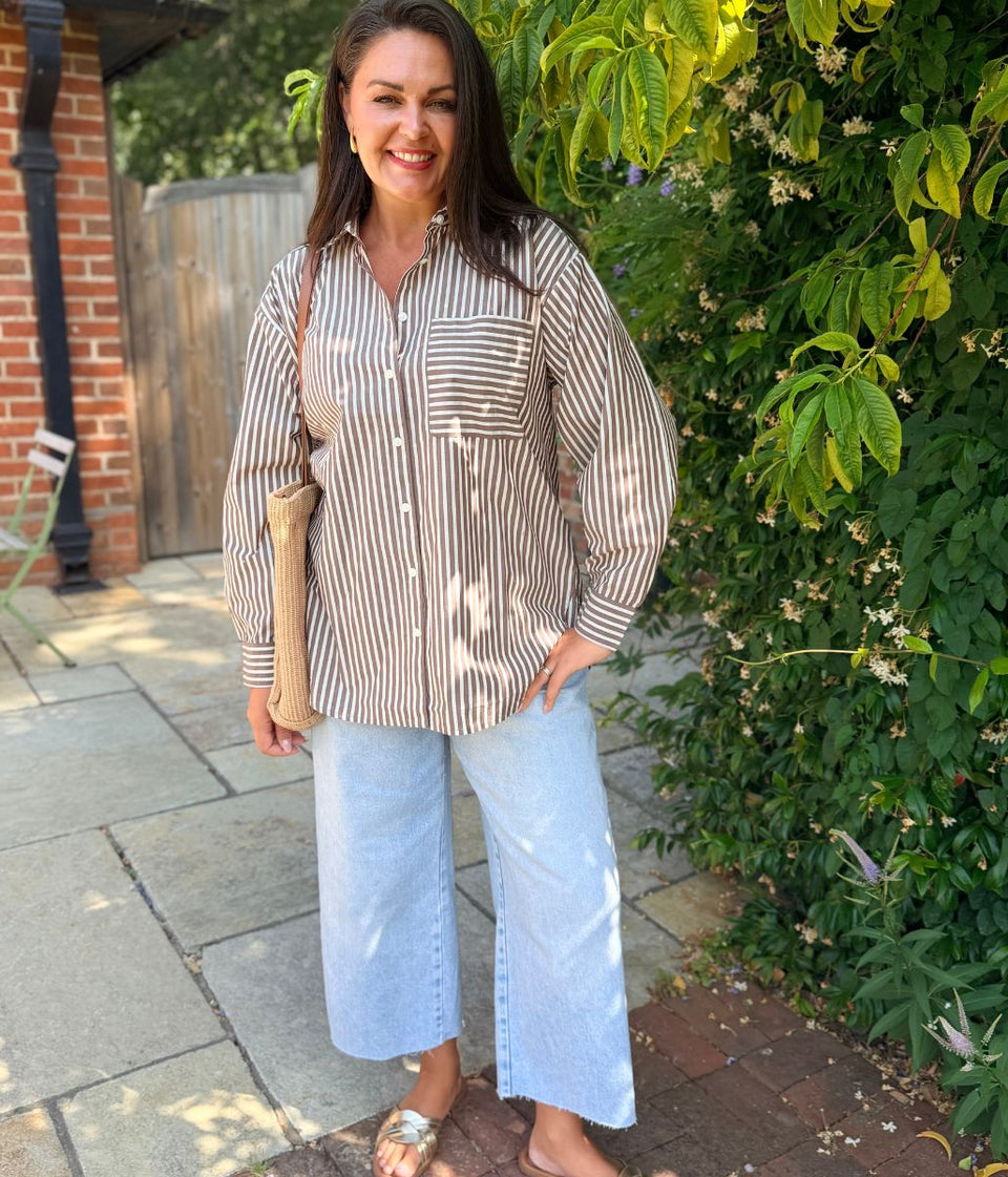 Brown Striped Relaxed Cotton Poplin Shirt