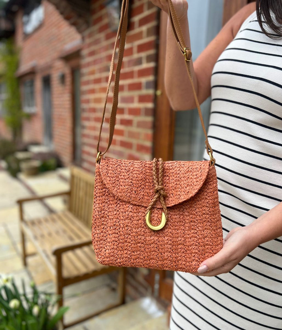 Rust Cross Body Raffia Messenger Bag