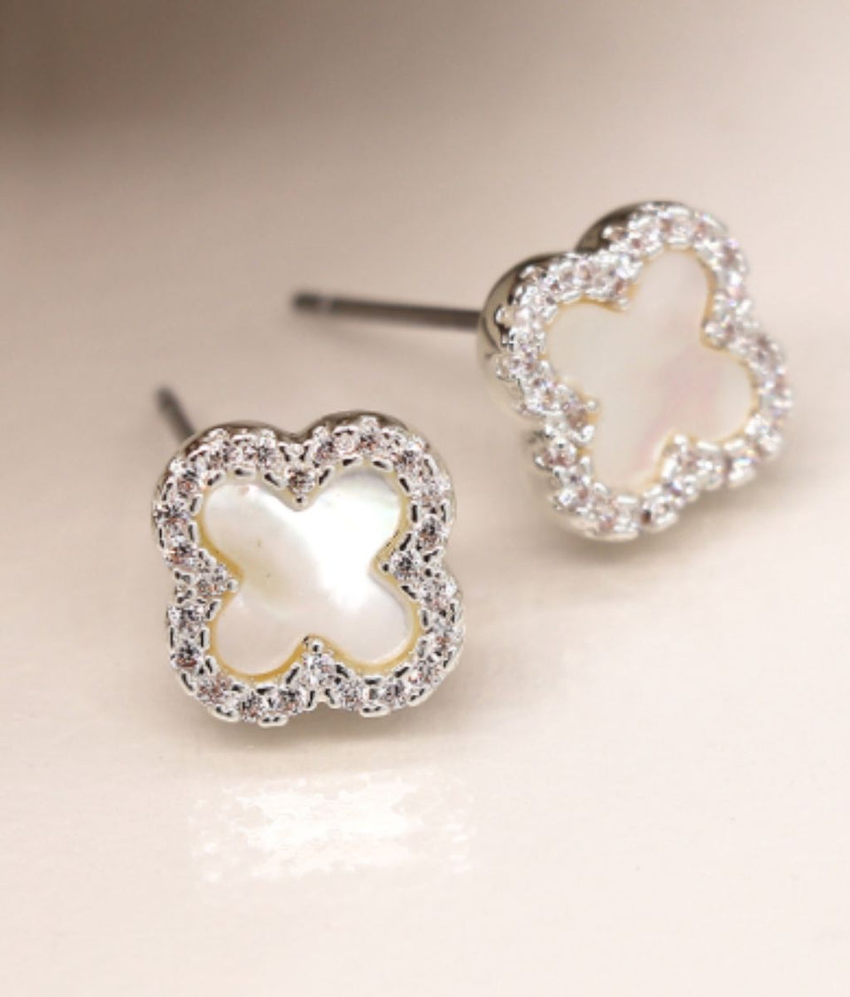 Silver Plated Crystal Edged Quatrefoil Earrings