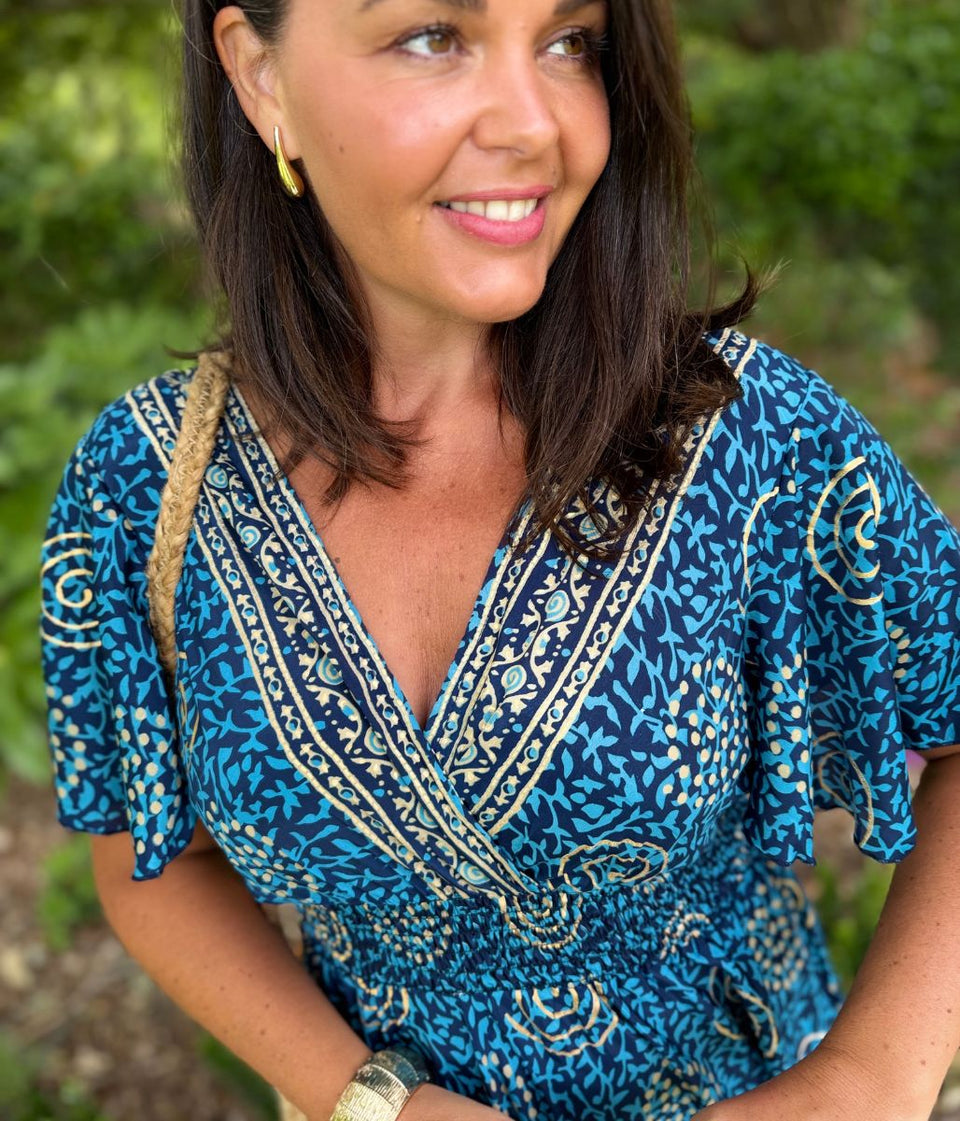 Medina Blue Shirred Waist Midi Dress