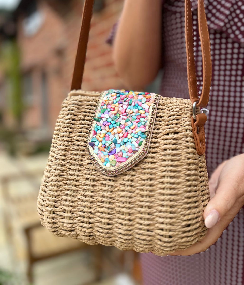 Tan Jessica Raffia Beaded Basket Weave Bag