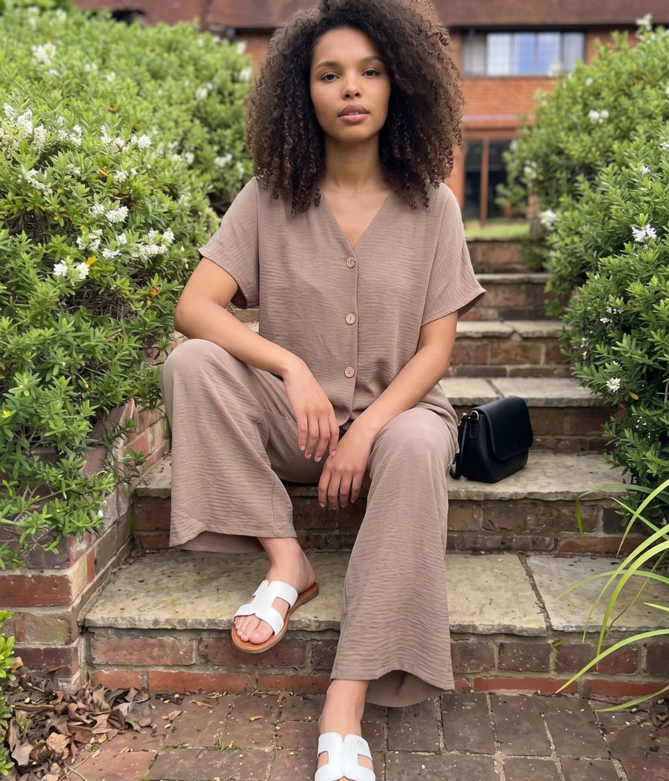 Mocha Button Through Shirt & Wide Leg Trouser Set