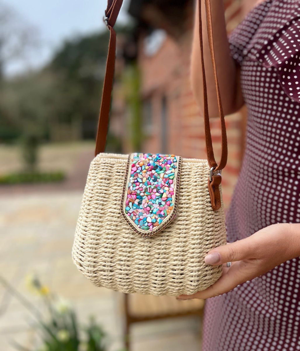 Natural Jessica Raffia Beaded Basket Weave Bag