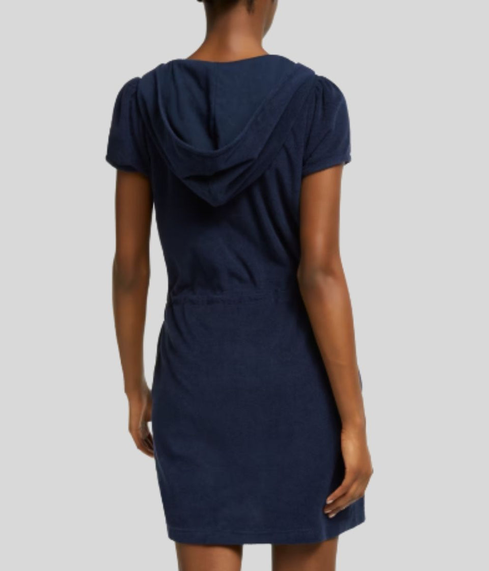 Navy Zip Front Towelling Beach Midi Dress