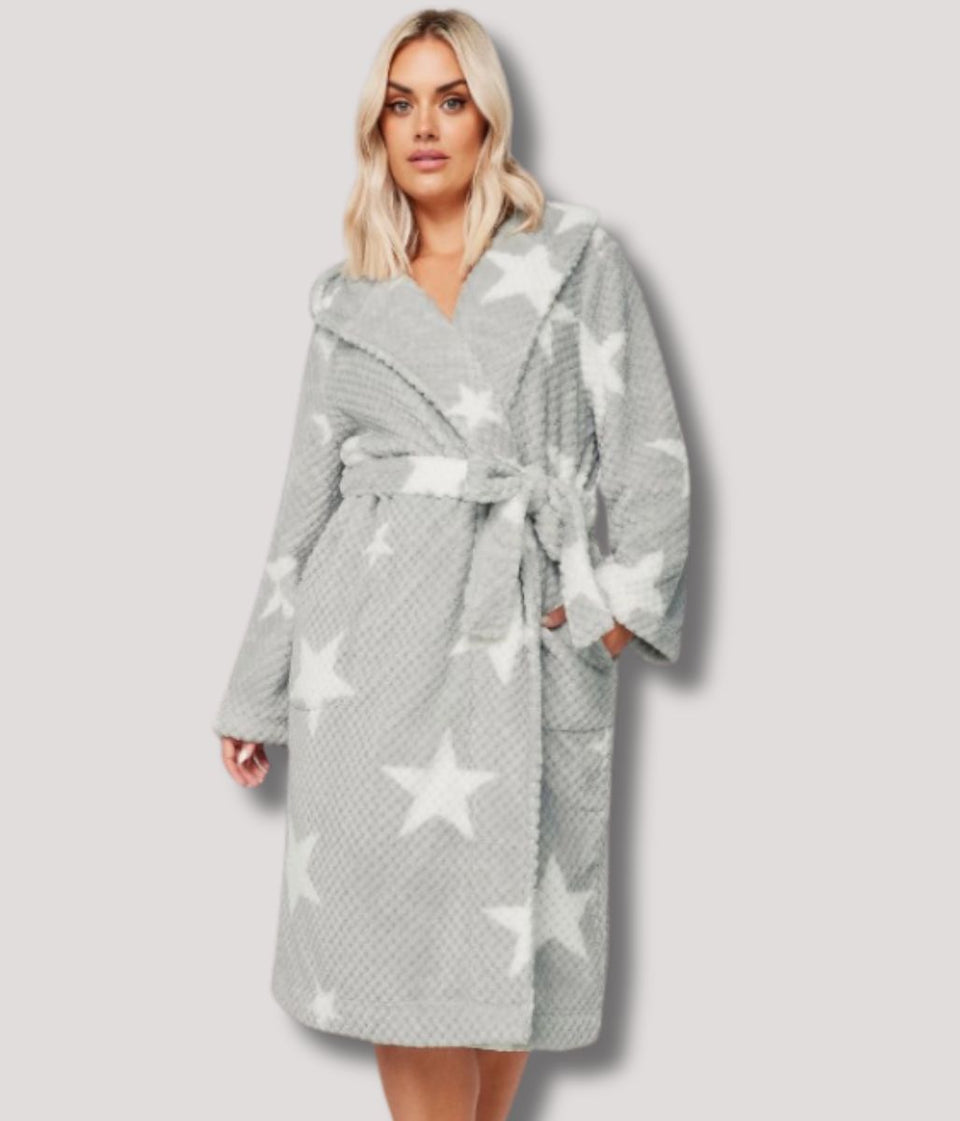 Grey Cosy Star Print Hooded Dressing Gown
