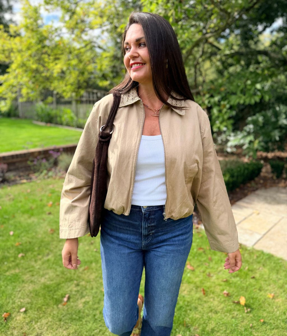 Women’s Camel Cotton Linen Bomber Jacket