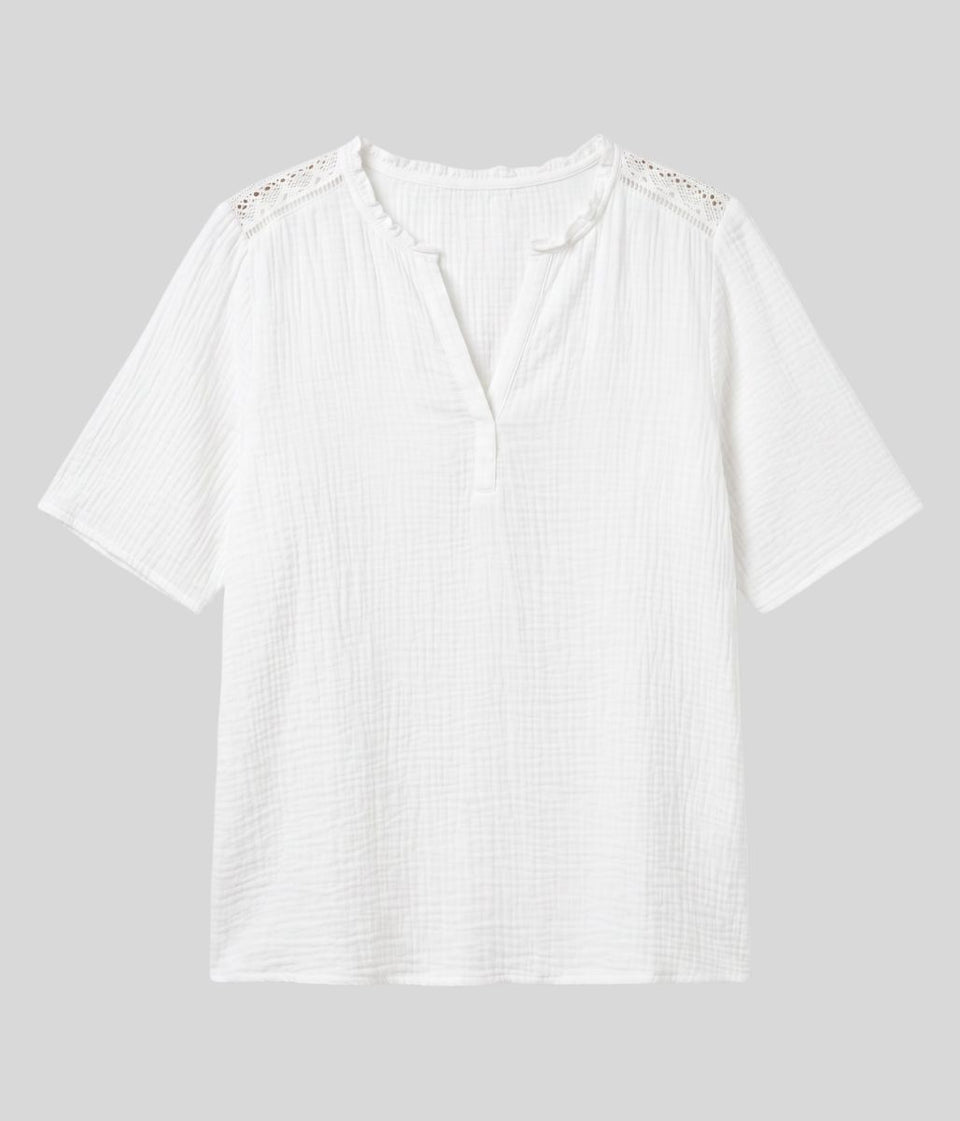 White Cheesecloth Notch Neck Blouse