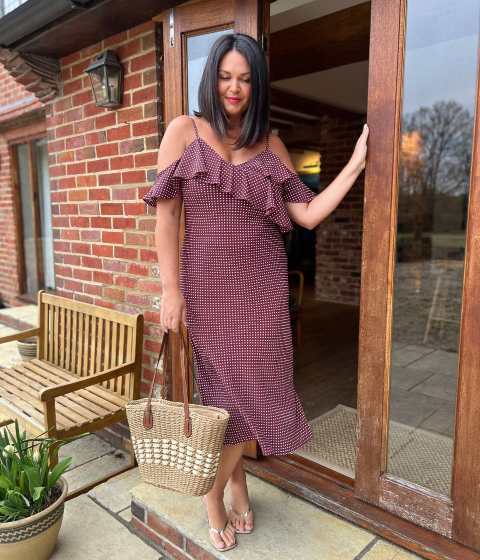 Brown Polka Dot Ruffle Midi Dress