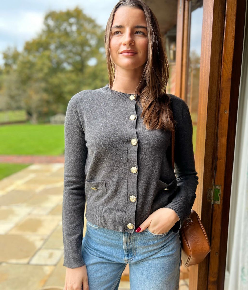 Grey Cardigan Sweater with Gold Buttons