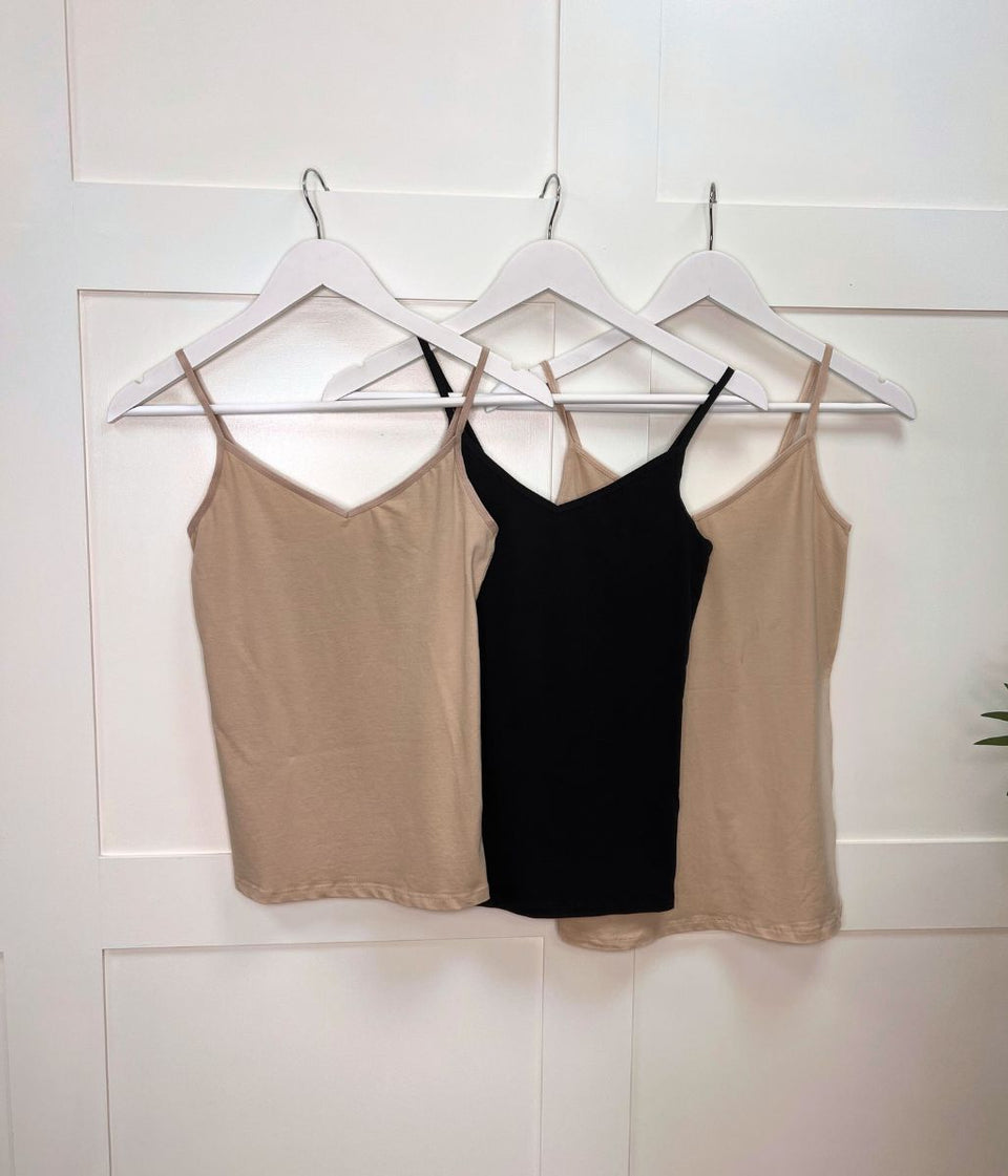 Nude/Black 3 Pack Cotton Rich Strappy Vests