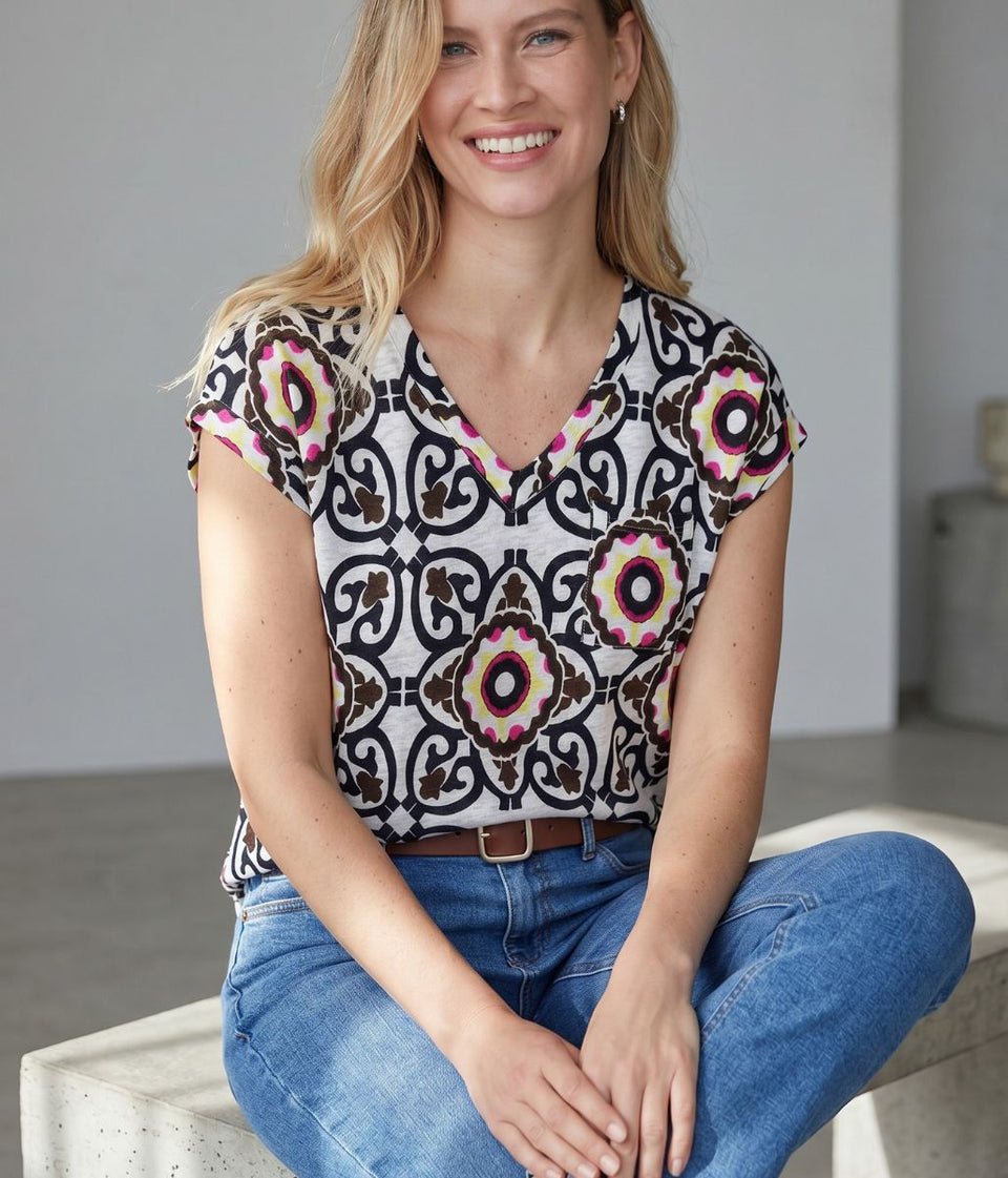 White Stuff Ivory Printed Iris Linen Tee