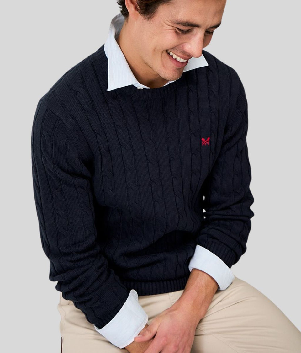 Mens Navy Oarsman Cable Knit Crew Neck Jumper