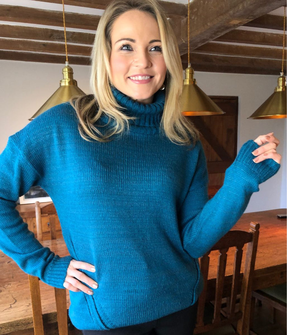 Teal Chunky Knit Roll Neck Jumper