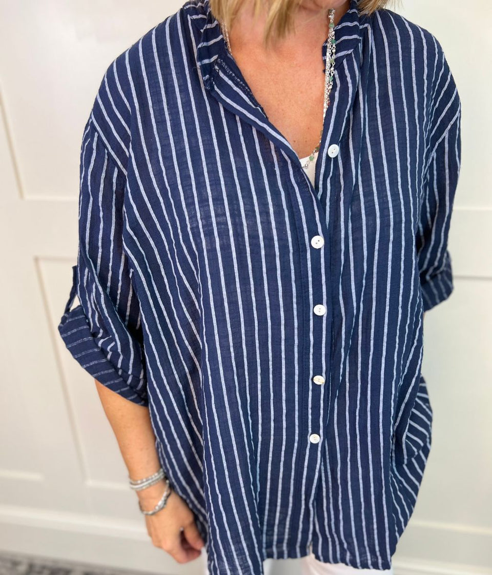 Navy Cotton Striped Grandad Collar Shirt