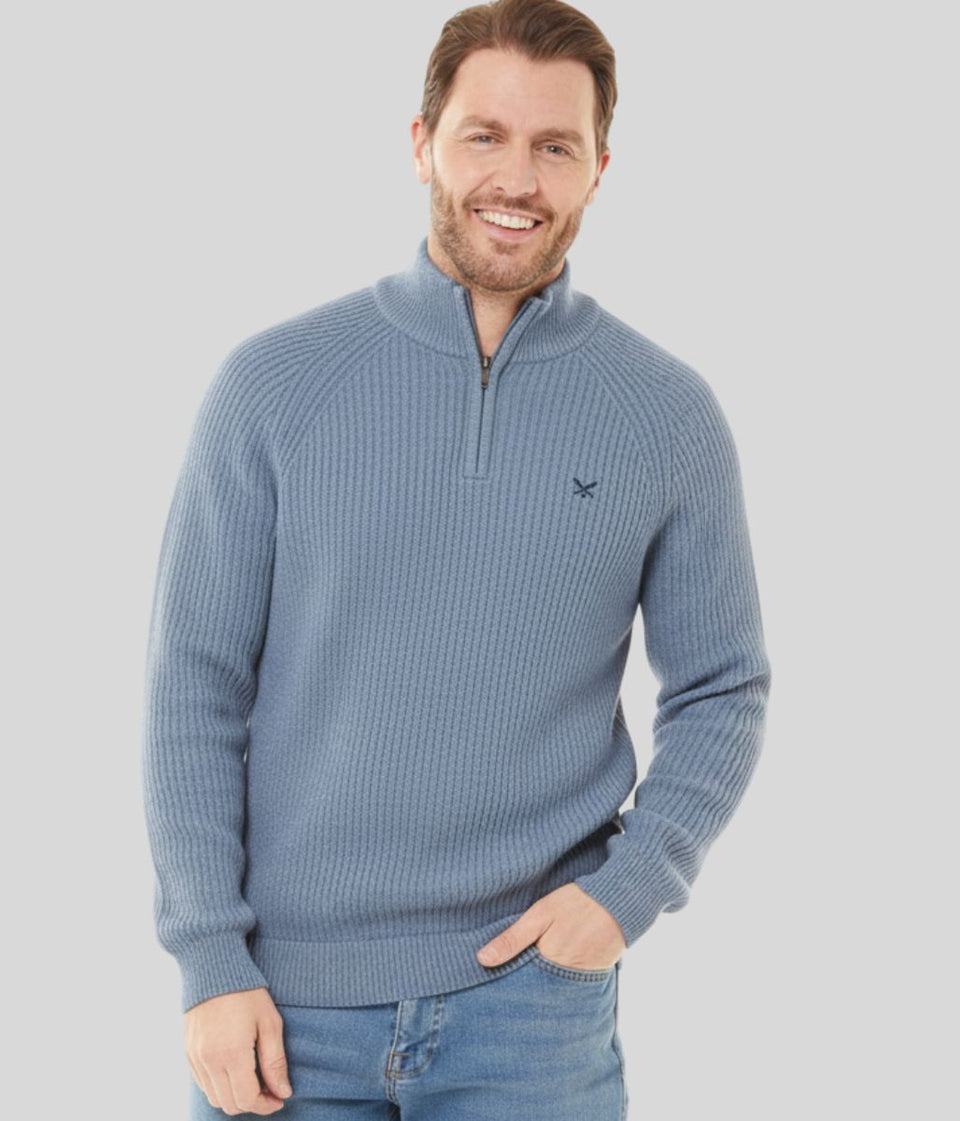 Mens Blue Ribbed Fisherman 1/4 Zip Jumper