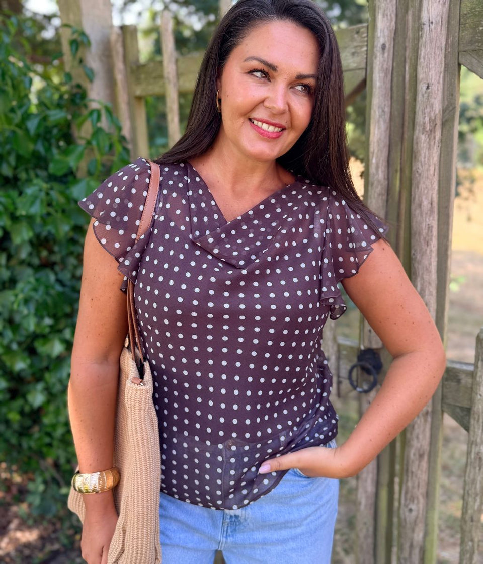Brown Polka Dot Cowl Neck Frill Sleeve Top