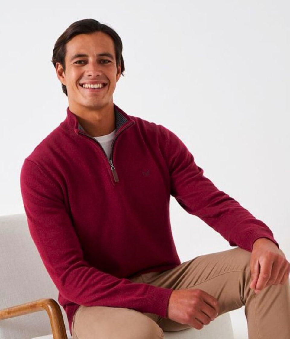 Red Mens Cotton Half Zip Jumper