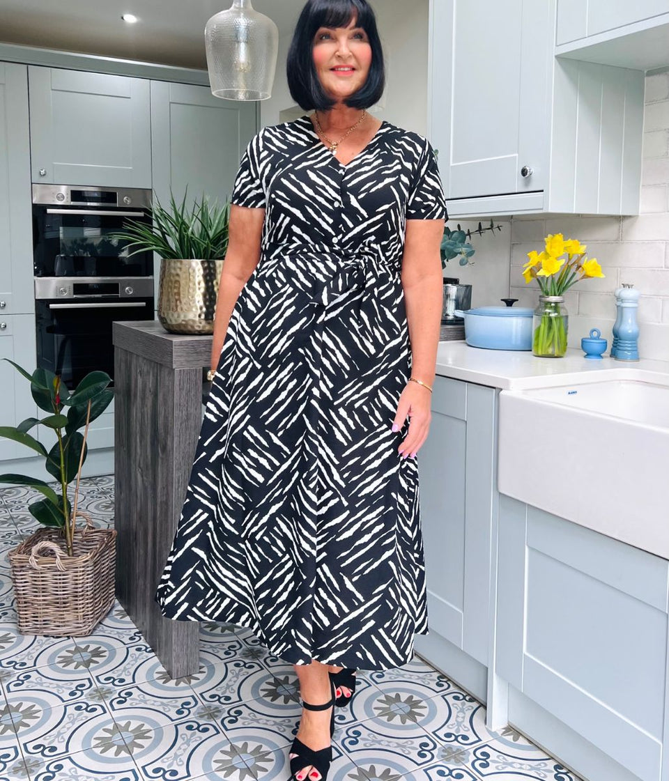 Zebra Print Belted Midi Dress