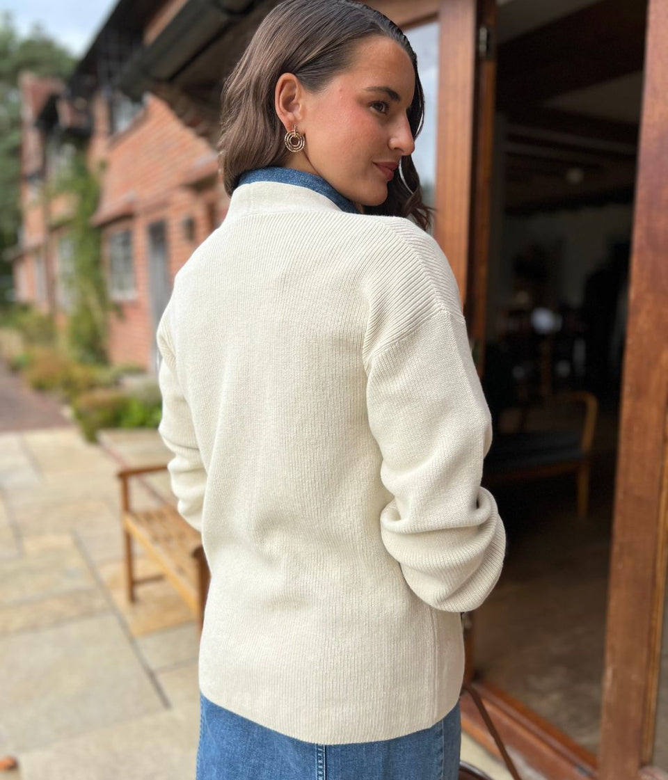 Stylish Edge-to-Edge Ivory Cotton Rich Cardigan