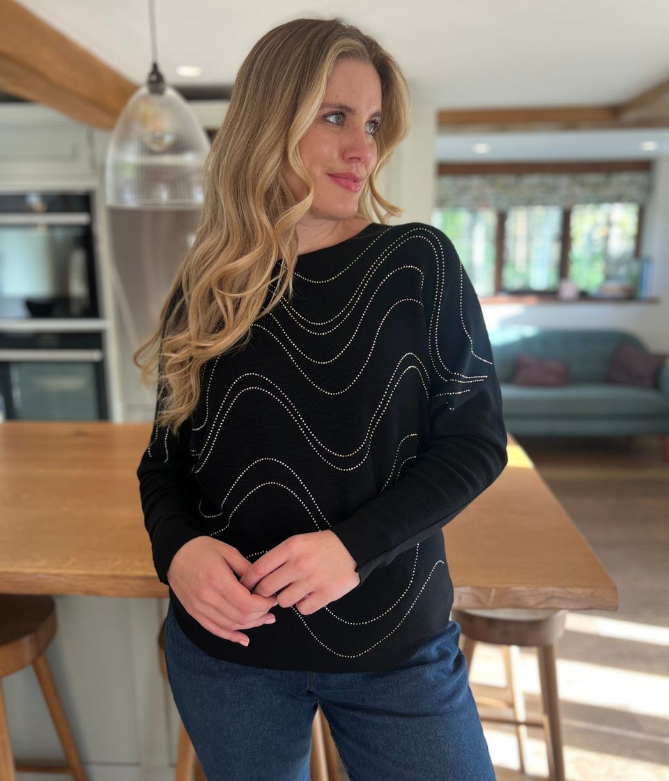 Black Sparkle Diamante Swirl Fine Knit Jumper