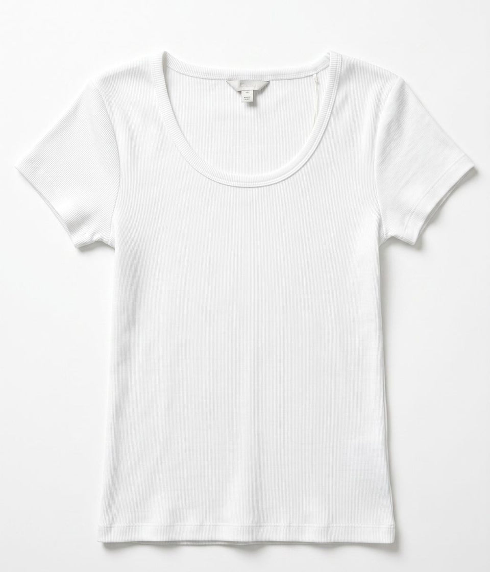 White Ribbed Scoop Neck T Shirt
